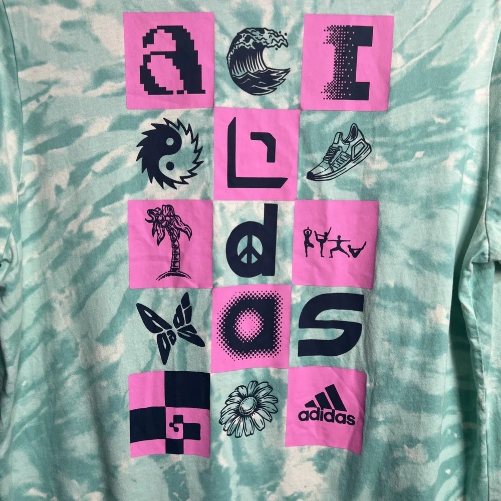 Adidas Tie Dye Graphic Tee‎ Large Men's Aqua Pink Y2K Streetwear Festival